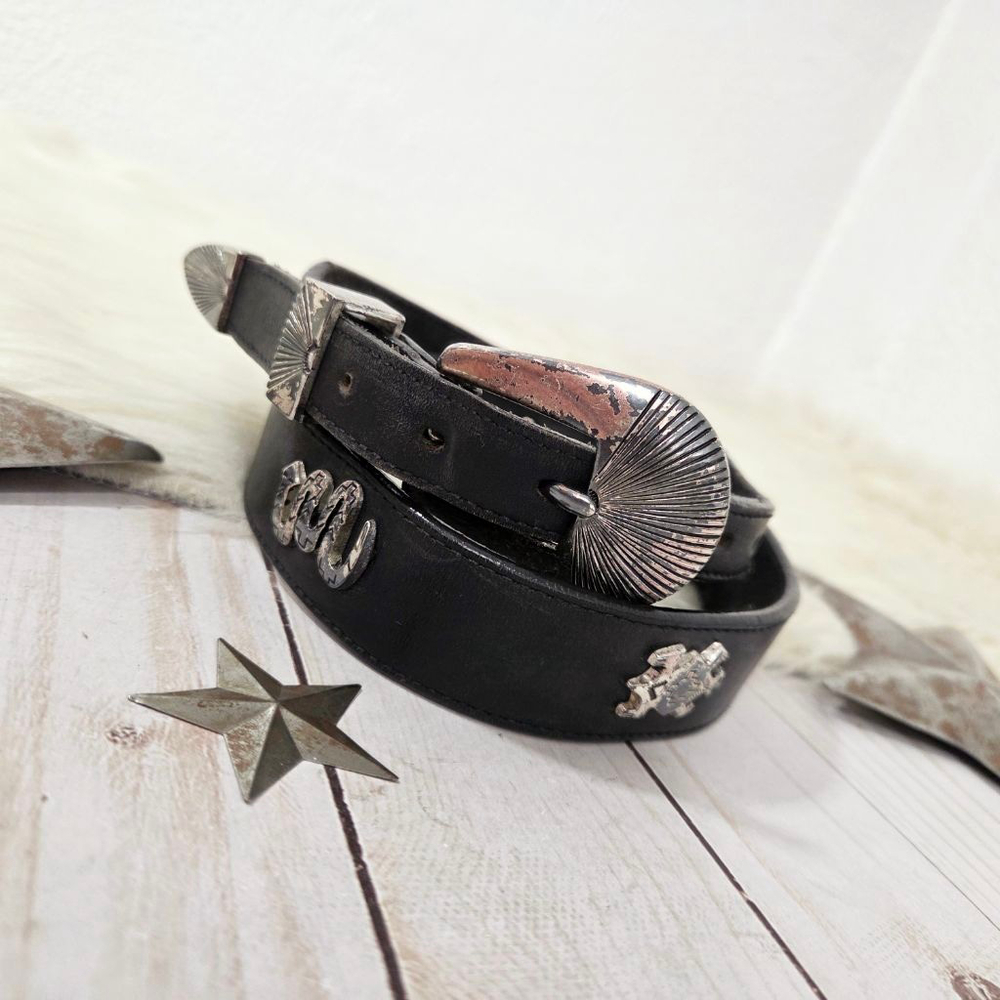 Vintage Southwestern studded belt black leather distressed silver native animals